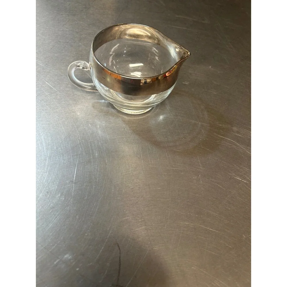 Vintage Clear Glass Creamer Pitcher Silver Overlay Band Mid Century Modern